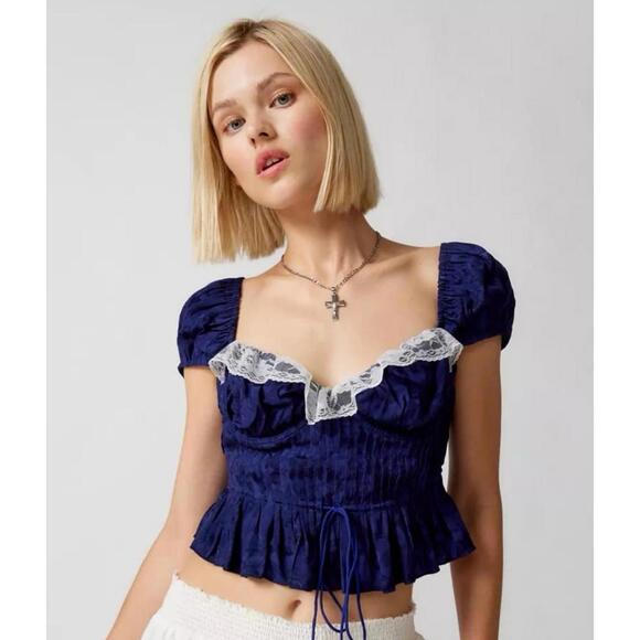 Tops - For Love & Lemons Navy Blue Holland Lace Corset Back Crop Top- Size Small